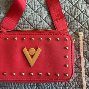 Orlandi Valentino Hot Pink Crossbody with Gold V Logo and Studs